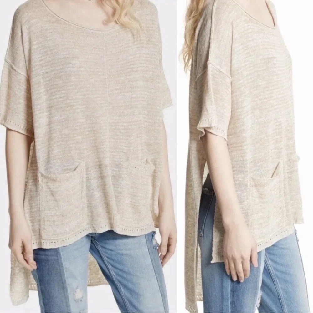 Free People High Low Melange Knit Linen Blend Lightweight Sweater Size Medium